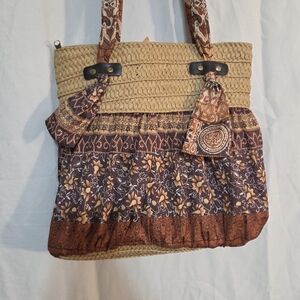 Boho Floral Straw Tote Bag in Brown